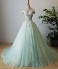 Evening Dresses Online Shop, Elegant Off Shoulder Light Green Tulle Sweet 16 Dress, Long Formal Gown