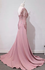 Formal Dresses Long Sleeved, Elegant Pink Long Sleeves Lace Applique Long Party Dress, Pink Prom Dress