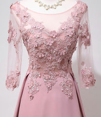 Formal Dresses Long Sleeves, Elegant Pink Long Sleeves Lace Applique Long Party Dress, Pink Prom Dress