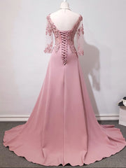 Formal Dresses For Middle School, Elegant Pink Long Sleeves Lace Applique Long Party Dress, Pink Prom Dress