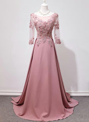 Formal Dress Long Sleeved, Elegant Pink Long Sleeves Lace Applique Long Party Dress, Pink Prom Dress