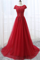 Girl Dress, Elegant Red Tulle Long Prom Dress with Lace Applique, Red Party Gowns