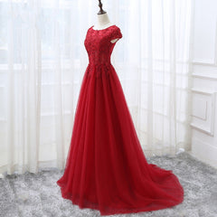 Vacation Dress, Elegant Red Tulle Long Prom Dress with Lace Applique, Red Party Gowns