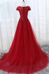 Red Formal Dress, Elegant Red Tulle Long Prom Dress with Lace Applique, Red Party Gowns