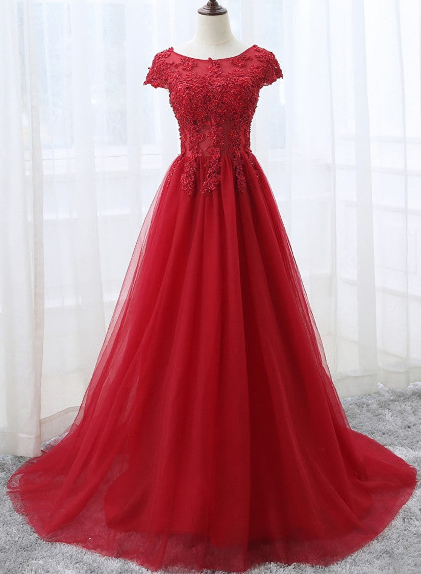 Long Prom Dress, Elegant Red Tulle Long Prom Dress with Lace Applique, Red Party Gowns