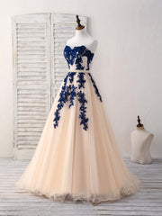 Party Dresses 2034, Elegant Sweetheart Tulle Lace Applique Blue Long Prom Dresses