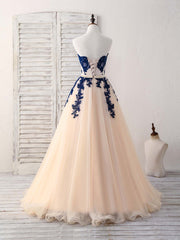 Party Dress Cheap, Elegant Sweetheart Tulle Lace Applique Blue Long Prom Dresses