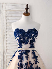 Party Dress Online, Elegant Sweetheart Tulle Lace Applique Blue Long Prom Dresses