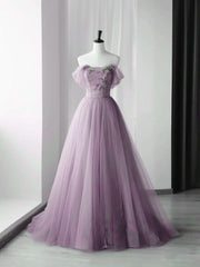 Evening Dress Long Sleeve, Elegant Tulle Long Party Dress with Flowers, A-line Tulle Evening Dress Prom Dress
