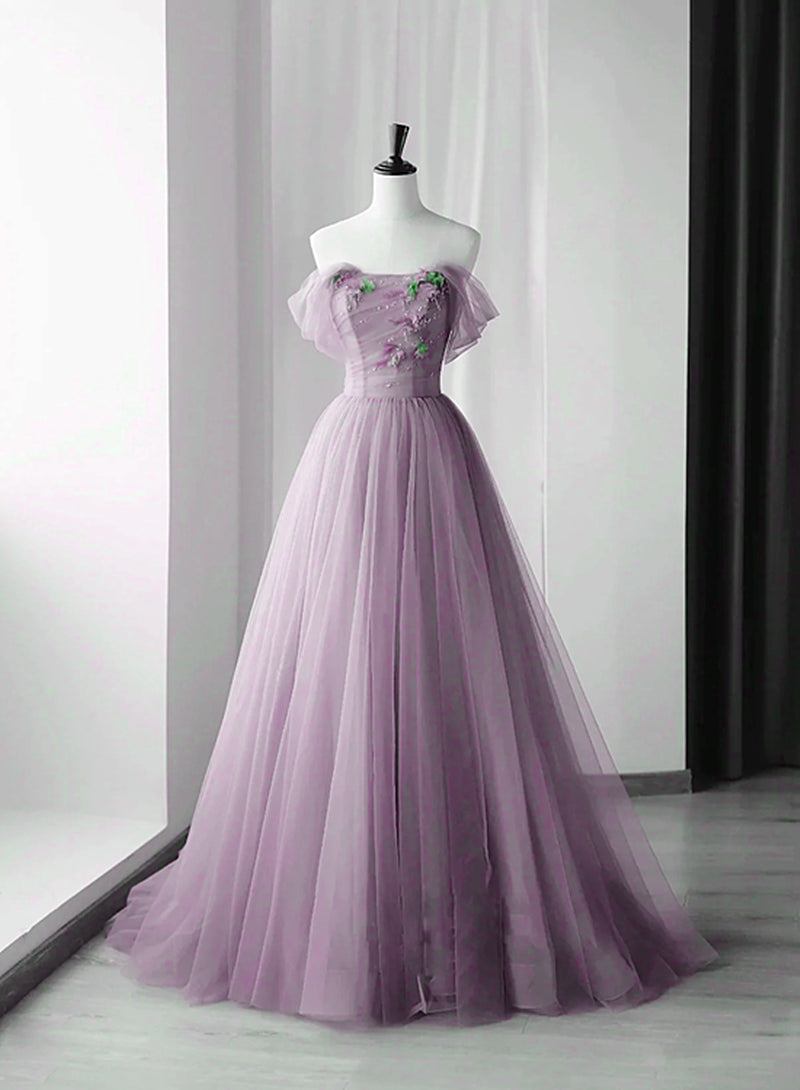 Evening Dresses Midi, Elegant Tulle Long Party Dress with Flowers, A-line Tulle Evening Dress Prom Dress
