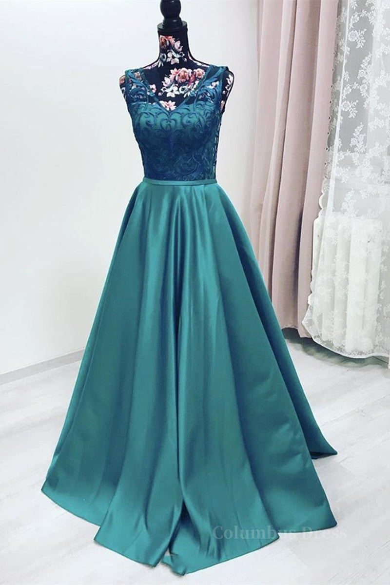 Homecoming Dresses Red, Elegant V Neck Green Lace Long Prom Dress, Green Lace Formal Graduation Evening Dress