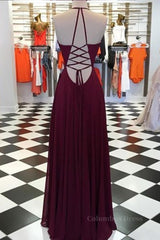 Prom Look, Elegant V Neck Open Back Burgundy Prom Dresses, Open Back Burgundy Formal Dresses, Long Burgundy Evening Dresses