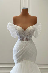 Wedding Dresses Lace Beach, Elegant White Long Mermaid Off the Shoulder Tulle Lace Wedding Dresses
