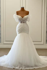 Wedding Dress Order Online, Elegant White Long Mermaid Off the Shoulder Tulle Lace Wedding Dresses