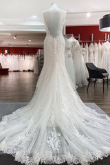 Wedding Dresses Collection, Elegant White Long Mermaid Tulle Lace Open Back Wedding Dresses