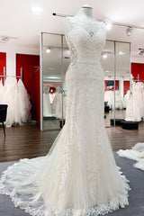 Wedding Dresses Trend, Elegant White Long Mermaid Tulle Lace Open Back Wedding Dresses