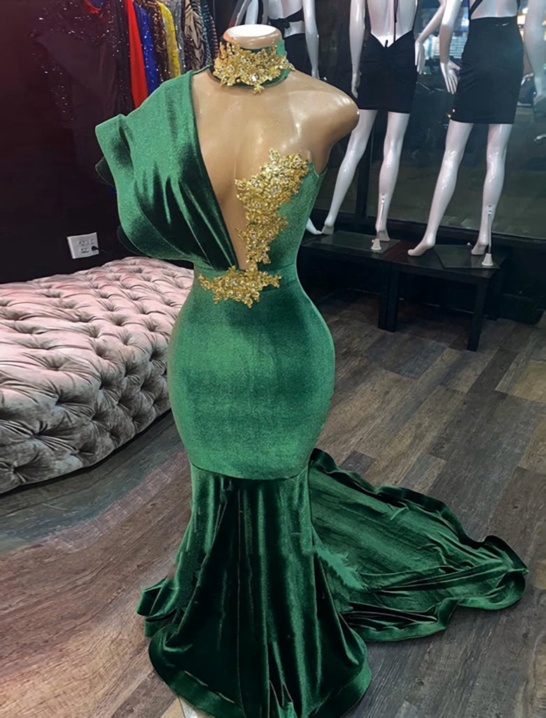 Party Dress Luxury, Emerald Green Evening Dresses High Neck Appliques Gold Lace Mermaid Prom Dresses Sexy Formal Velvet Party Gowns