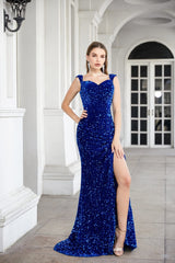 Wedding Dress Customization, Royal Blue Sequins Mermaid Sweet Neck Prom Dress