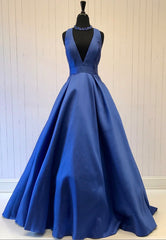 Party Dress Quotesparty Dresses Wedding, Blue V-Neck Saitn Long Prom Dresses, A-Line Evening Dresses