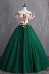 Gown Dress Elegant, Green Off the Shoulder Floor Length Prom Dress with Appliques, Puffy Quinceanera Dress