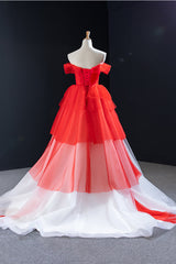 Party Dress Express Photos, Red and White off the Shoulder Tired Prom Dress, Puffy Formal Party Dresses
