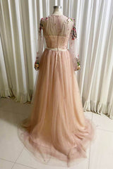 Party Dress For Babies, A Line Tulle Long Prom Dress with Flowers, Pink Long Sleeves Party Dress with Beading