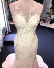 Wedding Dresses Nearby, Exquisite Jewel Sleeveless Wedding Dress Sheath Tulle Lace Open Back Bridal Gown