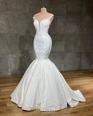 Wedding Dress Lace A Line, Exquisite Long Lace V-neck Sleeveless Mermaid Wedding Dresses