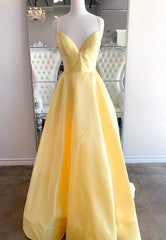 Stylish Outfit, Yellow Satin Long Prom Dresses, A-Line Backless Evening Dresses