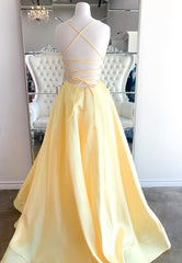 Party Dress Ideas For Curvy Figure, Yellow Satin Long Prom Dresses, A-Line Backless Evening Dresses