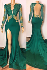 Party Dresses Online, open back sexy side slit green prom dresses long sleeves