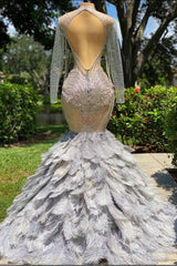 Party Dress Shiny, Fabulous Long Mermaid V-neck Sequined Beading Feather Tulle Prom Dress with Sleeves