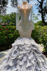 Party Dress In White, Fabulous Long Mermaid V-neck Sequined Beading Feather Tulle Prom Dress with Sleeves