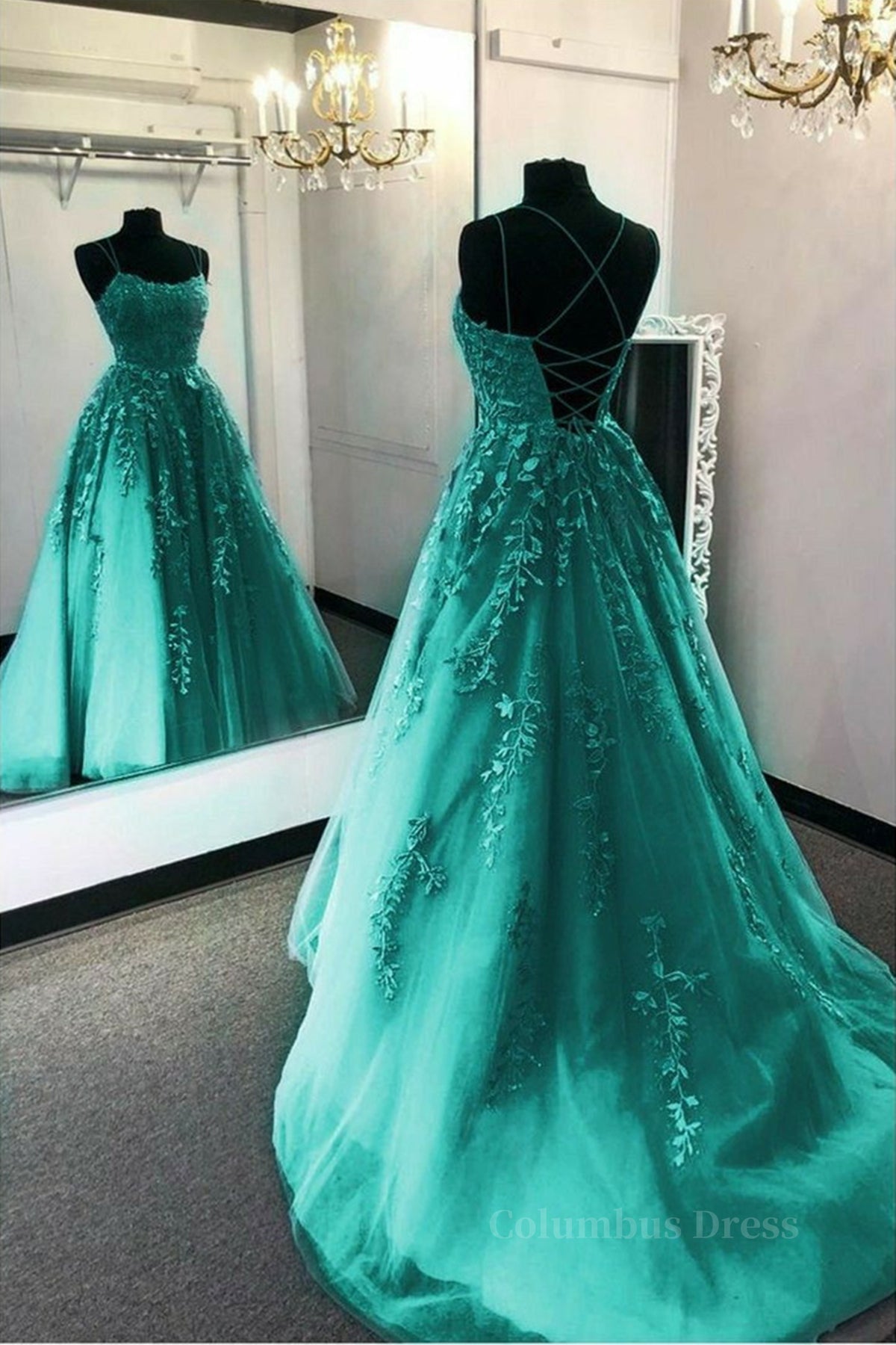 Formals Dresses Short, Fashion Green Lace Appliques Open Back Tulle Long Prom Dresses, Green Lace Formal Dresses, Green Evening Dresses