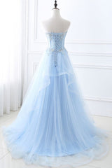 Bridesmaids Dresses For Beach Weddings, Fashion Sweetheart Long Tulle Sky Blue Prom Party Gowns with Sequins