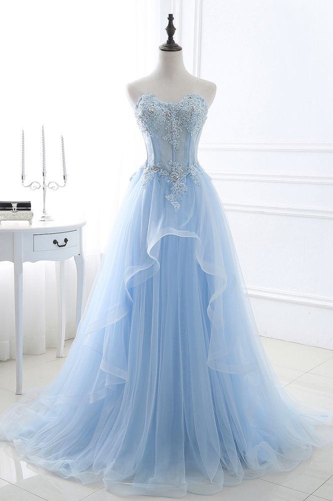 Bridesmaid Dress For Beach Wedding, Fashion Sweetheart Long Tulle Sky Blue Prom Party Gowns with Sequins