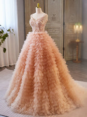 Party Dresses Prom, Unique V Neck Tulle Sequin Orange Pink Long Prom Dress, Orange Pink Sweet 16 Dress