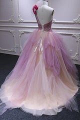 Party Dress In White, Puffy One Shoulder Sleeveless Tulle Prom Dress with Flowers, Ruffles Quinceanera Dress