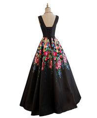 Prom Dress Inspiration, Black V Neck Floral Patterns Long Prom Dress, Black Evening Dress