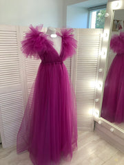 Party Dress Jeans, Fuchsia A-line V Neck Tulle Prom Dress