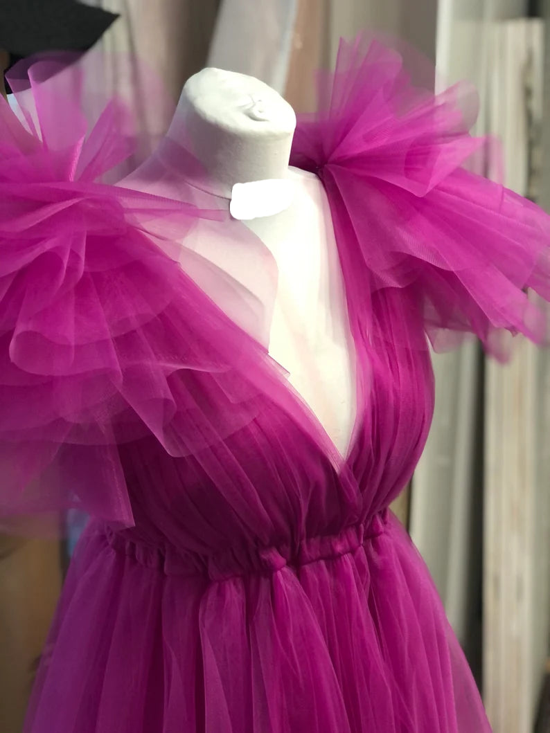 Party Dress Patterns, Fuchsia A-line V Neck Tulle Prom Dress