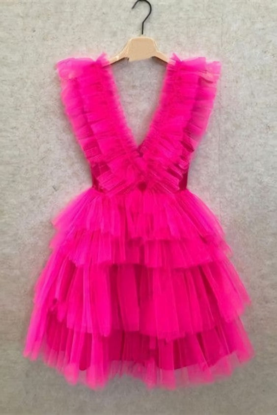 Bridesmaid Dress Winter, Fuchsia Ruffled Layers Plunging V Neck Homecoming Dress Short Grad Dresses