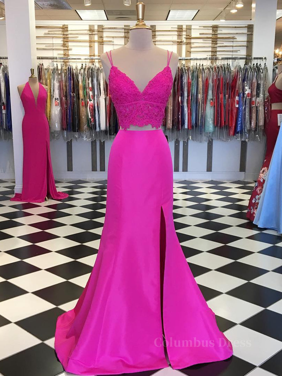 Bridesmaid Dresses Neutral, Fuchsia V Neck Two Pieces Mermaid Lace Top Satin Long Prom Dress with Slit, Mermaid Lace Fuchsia Formal Graduation Evening Dresses