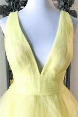 Backless Dress, Yellow V-Neck Tulle Long Prom Dresses, A-Line Evening Dresses