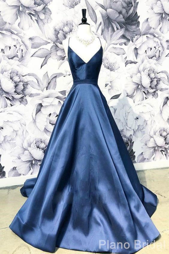 Bridesmaid Dress Designer, A Line Blue Spaghetti Straps Satin Prom Dresses, V Neck Blue Sexy Evening Party Dress