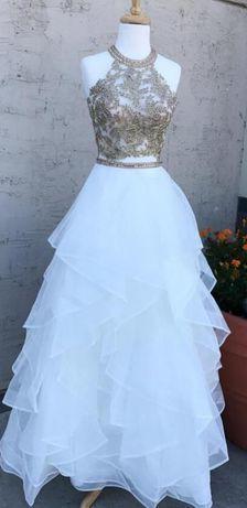 White Dress, White Two Pieces Beaded Halter Long Prom Dress