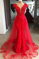 Party Dress Dress, red lace cap sleeve long v neck formal prom dress beaded evening dress