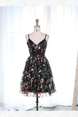 Party Dress Shops, homecoming dresses lace a line spaghetti straps short black lace homecoming dress