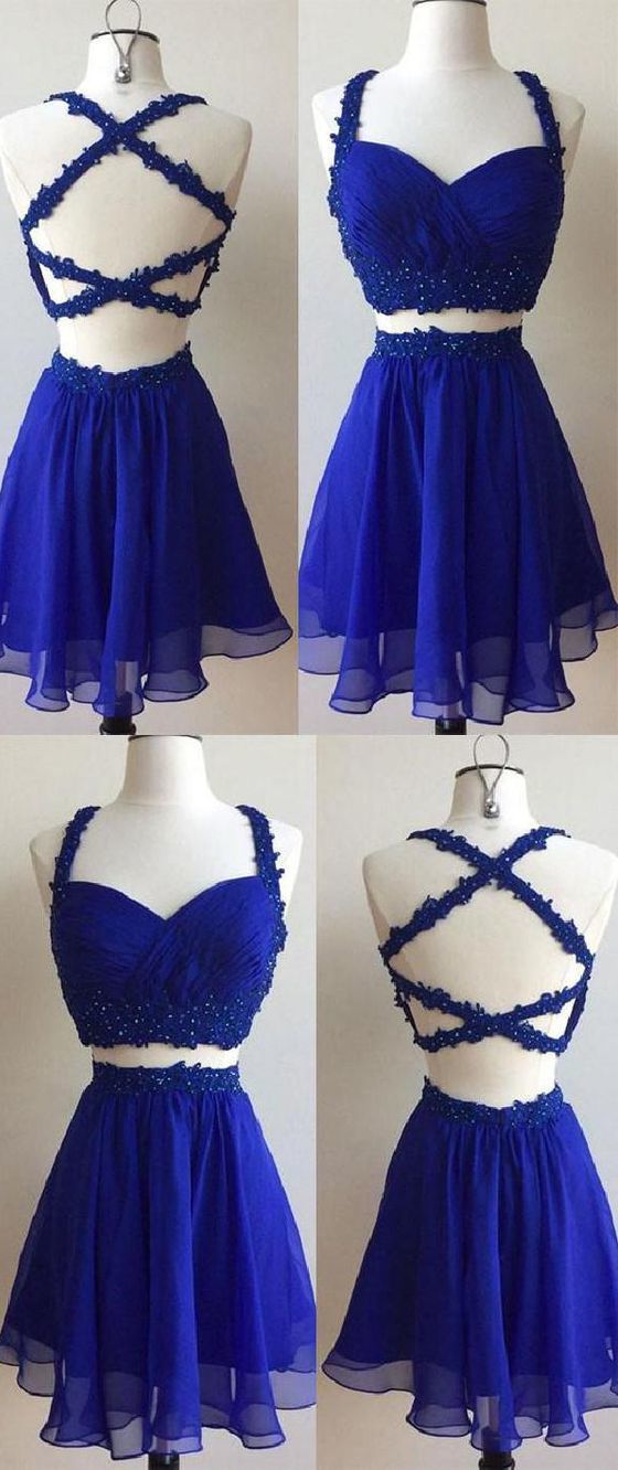 Hoco Dress, Cute Homecoming Dress, Blue Two Pieces Lace Short Prom Dress, Cute Homecoming Dress