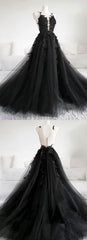Prom Dresses Two Piece, Black Tulle Applique Long Prom Dress, Black Evening Dress